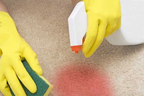 Professional rug cleaning process in a home interior