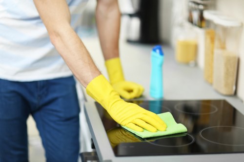 Cleaning supplies prepared for move in cleaning in a kitchen